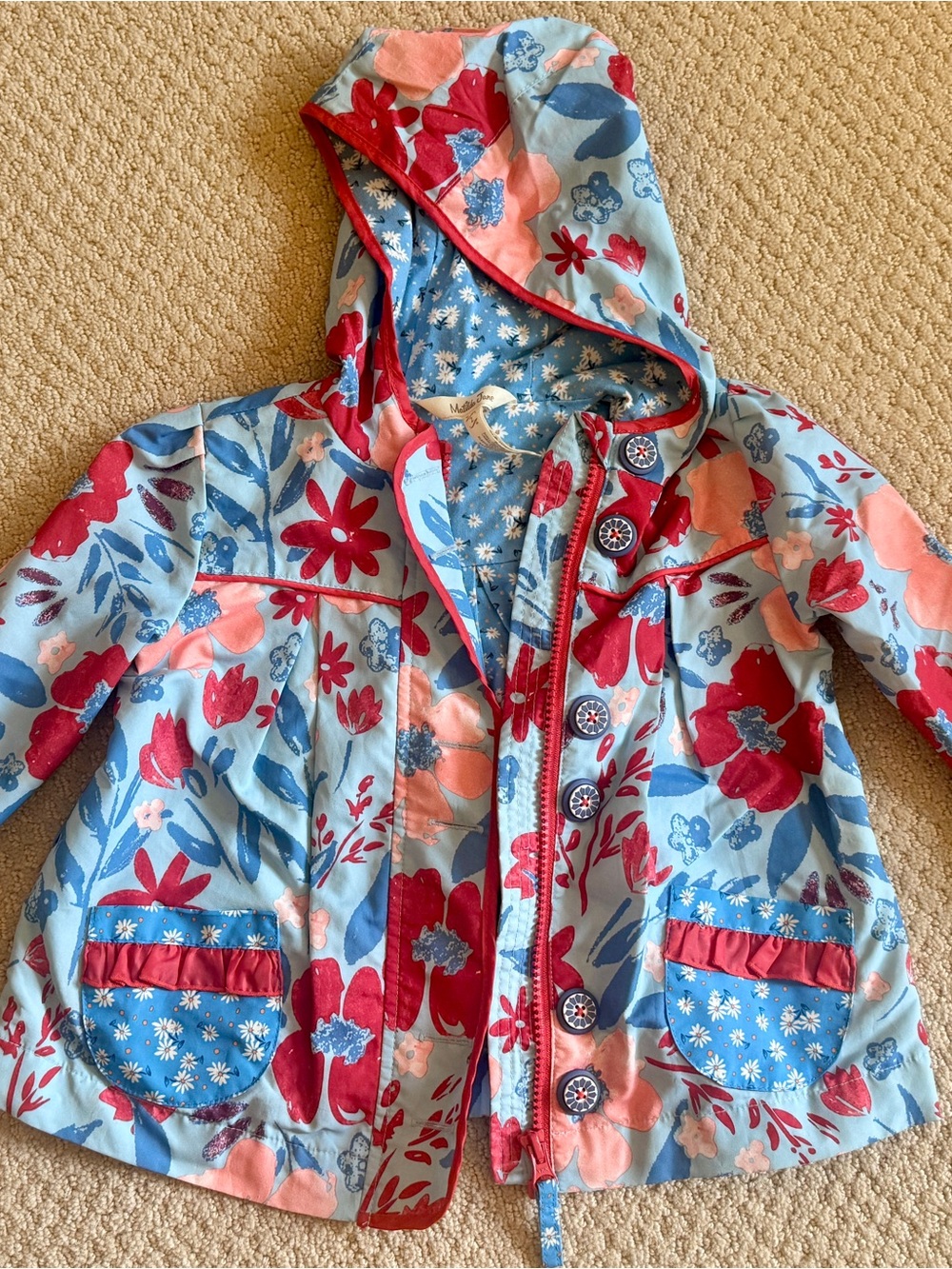 Matilda Jane Light Blue Floral Hooded Raincoat with Red & Pink Accents